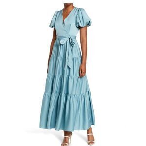 Stellah Womans Gown Dress A-Line Size M Green Tiered Balloon Sleeve Tie Sash NWT